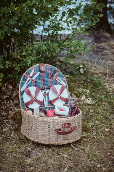 Weinprobe Mosel: geöffneter Picknickkorb mit Tellern und Besteck im Weinberg